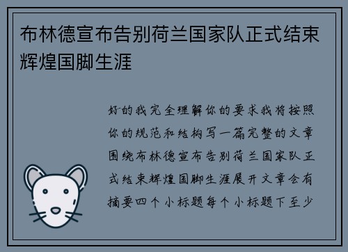 布林德宣布告别荷兰国家队正式结束辉煌国脚生涯